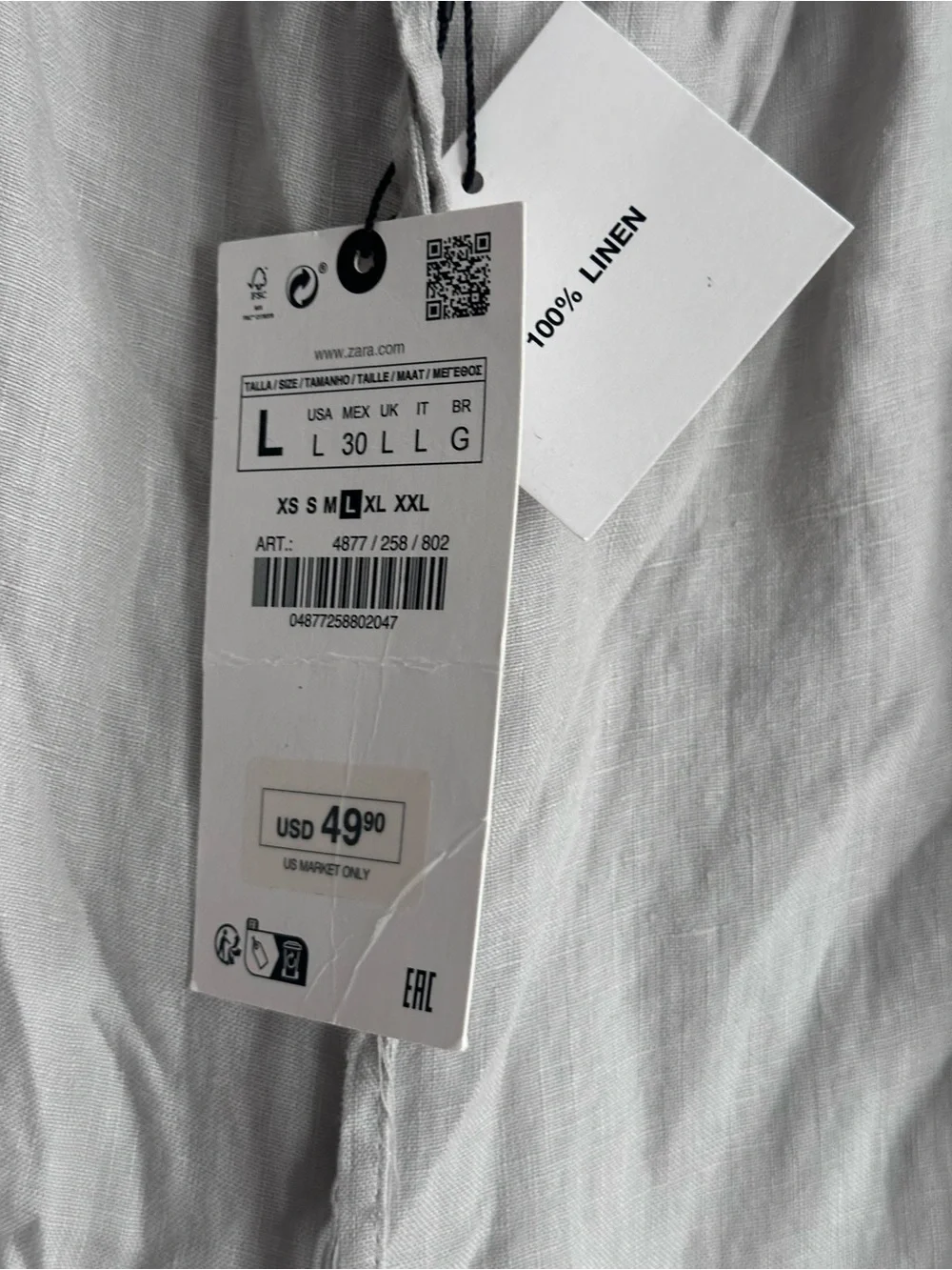 NWT ZARA 100% Linen Gray Wide-Leg Pants with crystal ends size Large